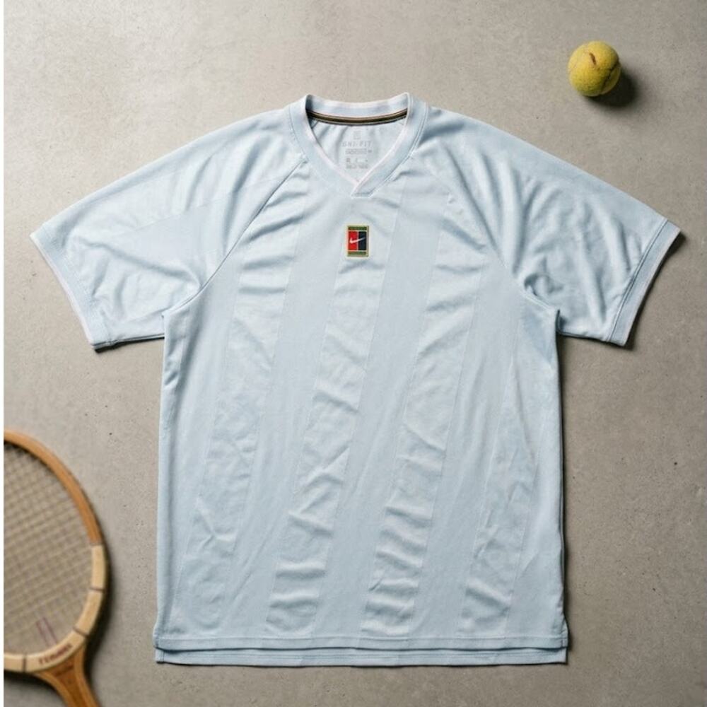 RARE Nike Court Retro Tennis Jersey Shirt Mens L Light Blue Center Logo Agassi